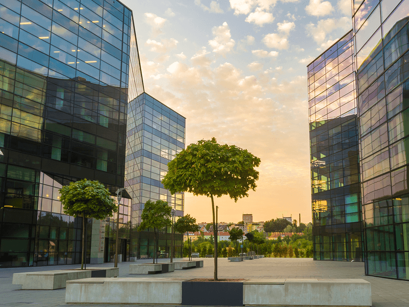 Buildings and an open plaza
